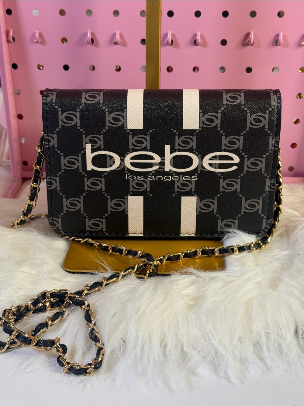 bebe Black & Cream Logo Chain Crossbody